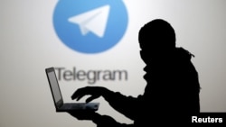 Человек с ноутбуком на фоне логотипа Telegram, иллюстративное фото