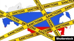 Generic – Russia Sanctions Concept. Yellow Tape with Sanctions Sign Against of Russia Map with Flag on a white background. 3d Rendering